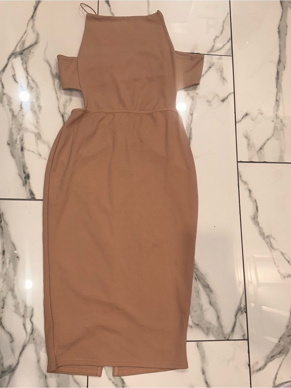 Boohoo Camel Off-Shoulder Midi Dress
